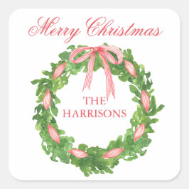 Waterverf Gestreepte Lintkrans Kerstmis Vierkante Sticker