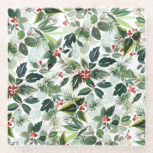 Waterverf gevarieerd Holly Pattern Kerst Glazen Onderzetter (Voorkant)