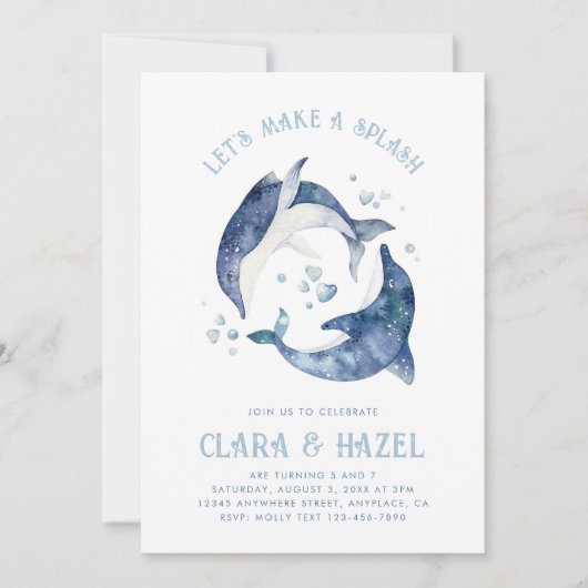 Waterverf gezamenlijke dolfijn verjaardagsuitnodig kaart (Voorkant)