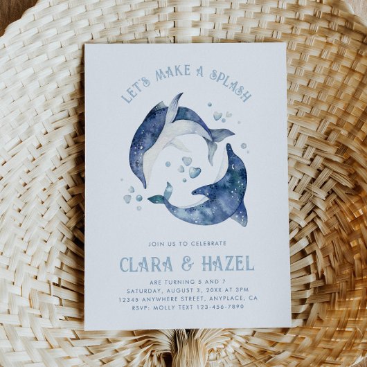 Waterverf gezamenlijke dolfijn verjaardagsuitnodig kaart
