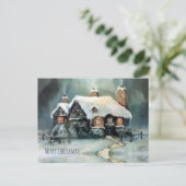 Waterverf Gezellig Huis Charmant Miniatuur Dorp Feestdagenkaart (Staand voorkant)