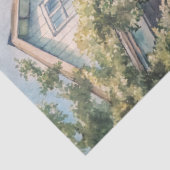 Waterverf Gezellig Witte Huis Roze pioenen Tissuepapier (Detail)