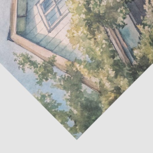 Waterverf Gezellig Witte Huis Roze pioenen Tissuepapier (Detail)