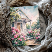 Waterverf Gezellig Witte Huis Roze pioenen Tissuepapier