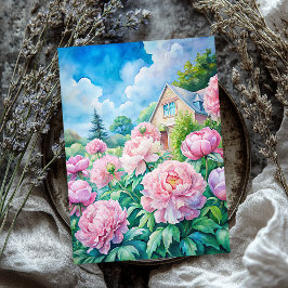 Waterverf Gezellig Witte Huis Roze pioenen Tissuepapier