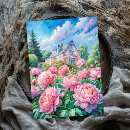 Waterverf Gezellig Witte Huis Roze pioenen Tissuepapier