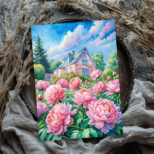 Waterverf Gezellig Witte Huis Roze pioenen Tissuepapier