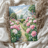 Waterverf Gezellig Witte Huis Roze Pioentuin Tissuepapier