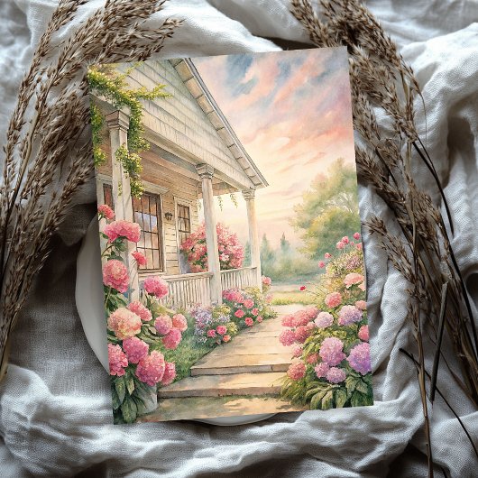 Waterverf Gezellig Witte Huis Roze Pioentuin Tissuepapier