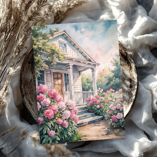 Waterverf Gezellig Witte Huis Roze Pioentuin Tissuepapier