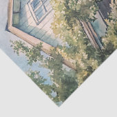 Waterverf Gezellig Witte Huis Roze Pioentuin Tissuepapier (Detail)