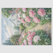 Waterverf Gezellig Witte Huis Roze Pioentuin Tissuepapier (Voorkant)