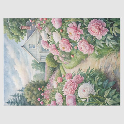 Waterverf Gezellig Witte Huis Roze Pioentuin Tissuepapier (Voorkant)
