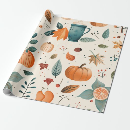  Waterverf Gezellige Herfst Patroon Cadeaupapier (Uitgerold)