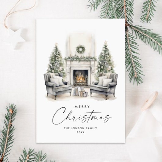 Waterverf Gezellige Home Kerstboom Feestdagenkaart