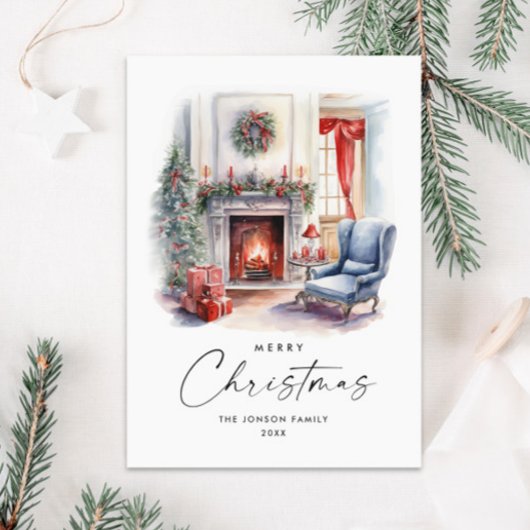Waterverf Gezellige Home Kerstboom Feestdagenkaart
