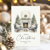 Waterverf Gezellige Home Kerstboom Feestdagenkaart