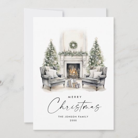Waterverf Gezellige Home Kerstboom Feestdagenkaart (Voorkant)