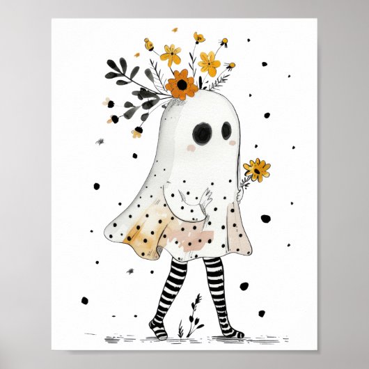 Waterverf Ghost & Sunflowers Whimsical Halloween Poster (Voorkant)