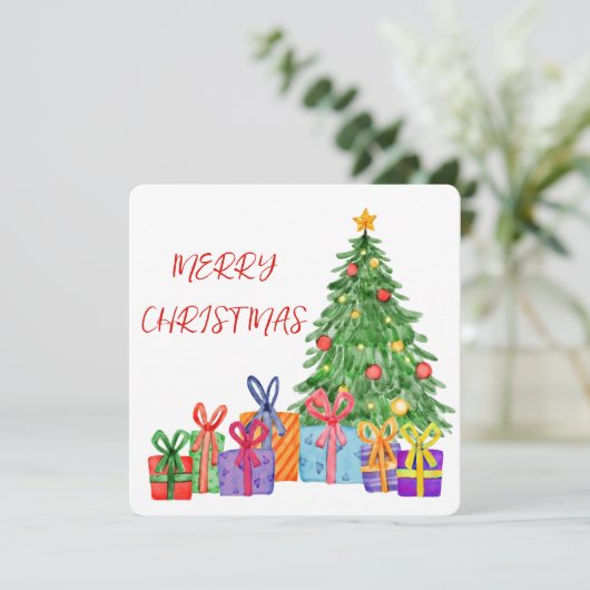 Waterverf Gift Tree Merry Christmas Kaart (Staand voorkant)