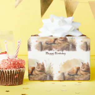 Waterverf Ginger Cat Birthday Cadeaupapier