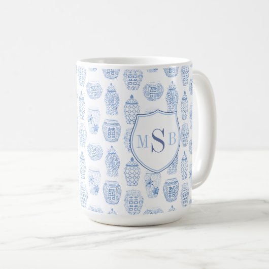 Waterverf Ginger Jar Blue White Personal Monogram Koffiemok (Voorkant rechts)