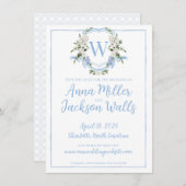 Waterverf Ginger Jar Monogram Crest, Blauw Wit Save The Date (Voorkant / Achterkant)