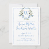 Waterverf Ginger Jar Monogram Crest, Blauw Wit Save The Date (Voorkant)