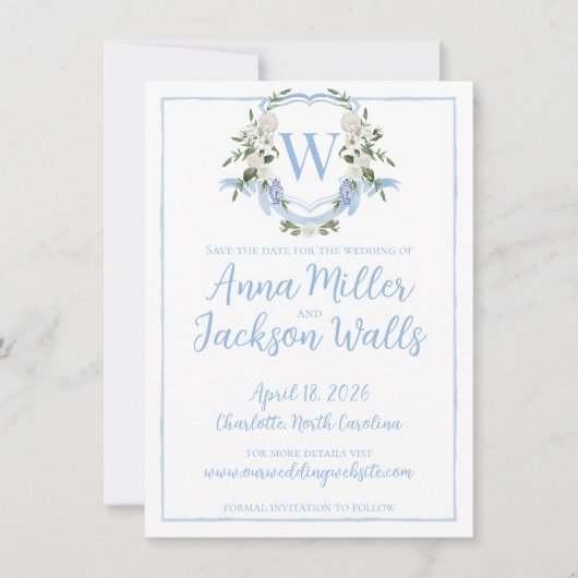 Waterverf Ginger Jar Monogram Crest, Blauw Wit Save The Date (Voorkant)