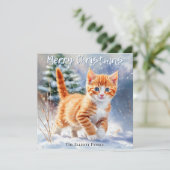 Waterverf Ginger Kitten Snow Christmas Feestdagenkaart (Staand voorkant)