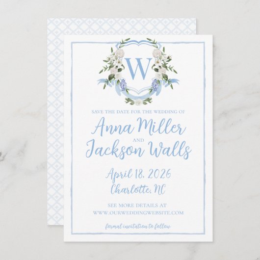 Waterverf Ginger Pot Monogram Wapen, Blauw Wit Save The Date (Voorkant / Achterkant)