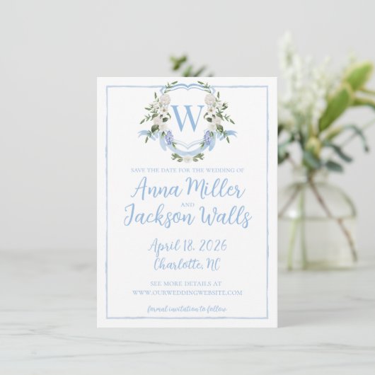 Waterverf Ginger Pot Monogram Wapen, Blauw Wit Save The Date (Staand voorkant)