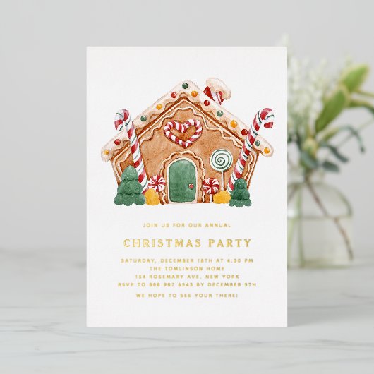 Waterverf Gingerbread House Kerstfeest Folie Uitnodiging (Staand Voorkant)