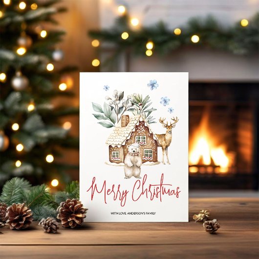 Waterverf Gingerbread House, Polar Beer & Reindee Feestdagen Kaart