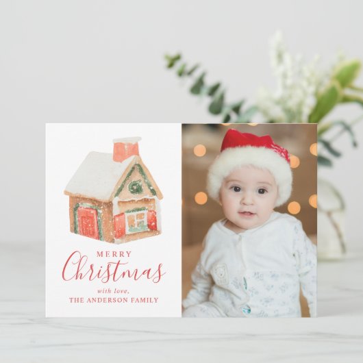 Waterverf Gingerbrood House Merry kerstfoto Feestdagenkaart (Staand voorkant)