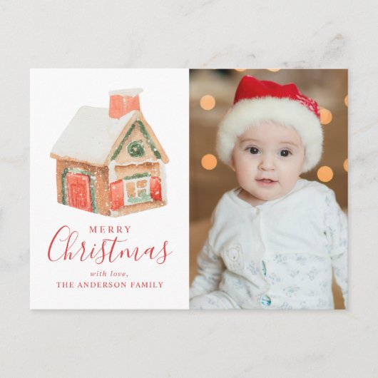 Waterverf Gingerbrood House Merry kerstfoto Feestdagenkaart (Voorkant)