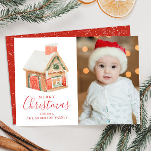 Waterverf Gingerbrood House Merry kerstfoto Feestdagenkaart