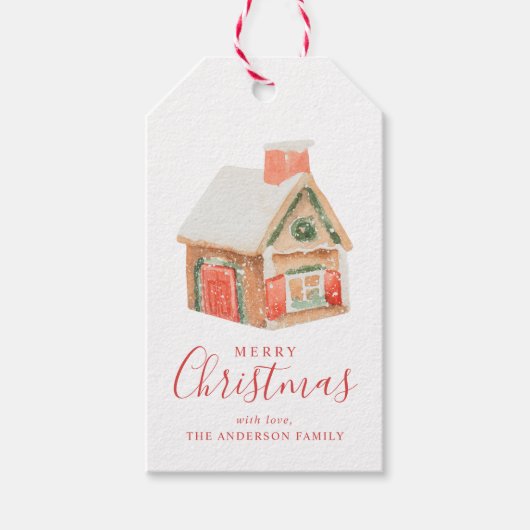 Waterverf Gingerbrood House Merry Kerstry Cadeaulabel (Voorkant)
