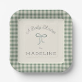 Waterverf Gingham Antiek Sage Green Baby shower Papieren Bordje (Voorkant)