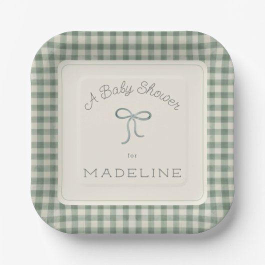 Waterverf Gingham Antiek Sage Green Baby shower Papieren Bordje (Voorkant)