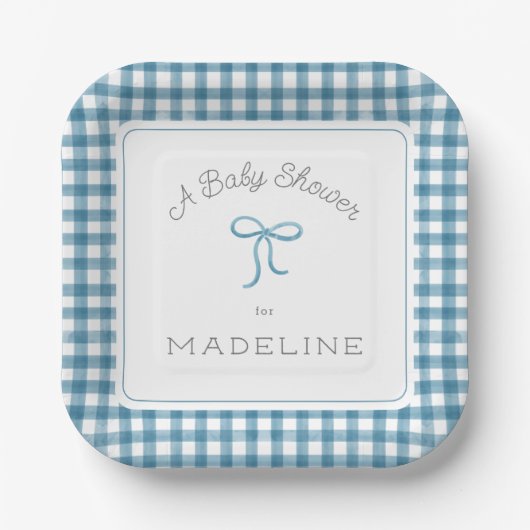 Waterverf Gingham Denim Blue Baby shower Papieren Bordje (Voorkant)