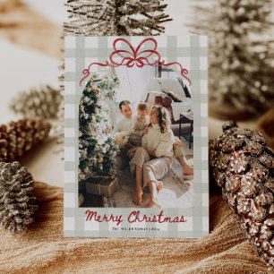 Waterverf Gingham Familie Foto Kerst Feestdagenkaart