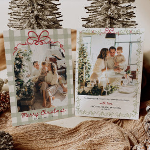 Waterverf Gingham Familie Foto Kerstmis Feestdagenkaart