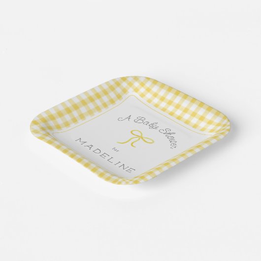 Waterverf Gingham geel Baby shower Papieren Bordje (Gebogen)