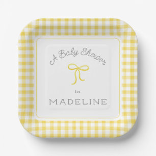 Waterverf Gingham geel Baby shower Papieren Bordje
