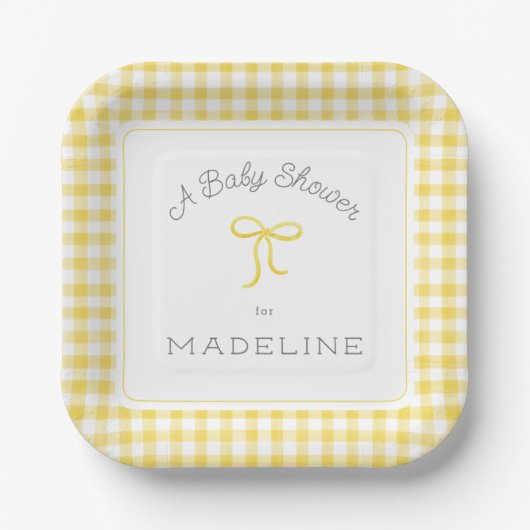 Waterverf Gingham geel Baby shower Papieren Bordje (Voorkant)