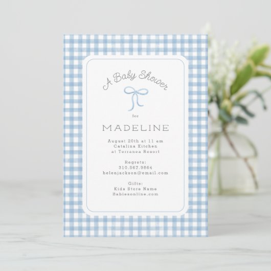 Waterverf Gingham lichtblauw Baby shower Kaart (Staand voorkant)
