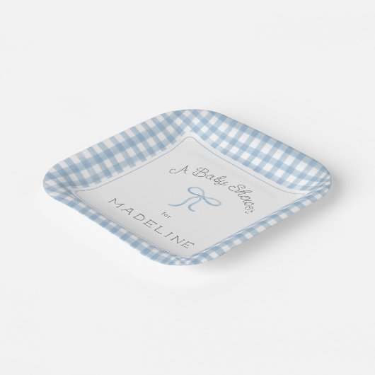 Waterverf Gingham lichtblauw Baby shower Papieren Bordje (Gebogen)