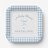 Waterverf Gingham lichtblauw Baby shower Papieren Bordje (Voorkant)