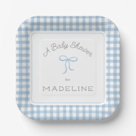 Waterverf Gingham lichtblauw Baby shower Papieren Bordje